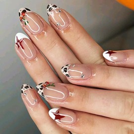 Leopard Print Press on Nails Cherry Gel Glue on Nail 24Pcs Cheetah Print Stick on Fingernails Glossy Red Stars Acrylic Fake Nail White French Tips Medium Almond False Nails for Coquette Women Girls
