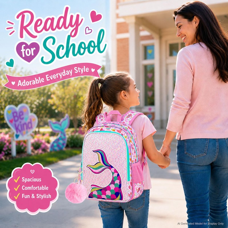 CCJPX 16" Mermaid Backpack for Girls, 3Pcs Kids Sequin Bookbag