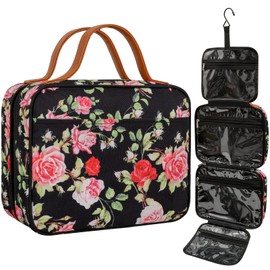 IDEATECH Hanging Toiletry Bag, Waterproof Toiletry Bag for Men and Women, Hanging Toiletry Bag, Foldable Travel Wash Bag, Cosmetic Bag with Double Zip Opening, Black Yellow Flower, Minimalist style