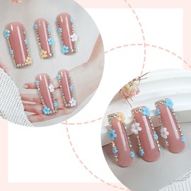 Square Press on Nails Long False Nails Pink Fake Nails Rhinestones Glue on Nails Glossy Stick on Nails with 3D Flower Designs Artificial Nails for Women 24Pcs