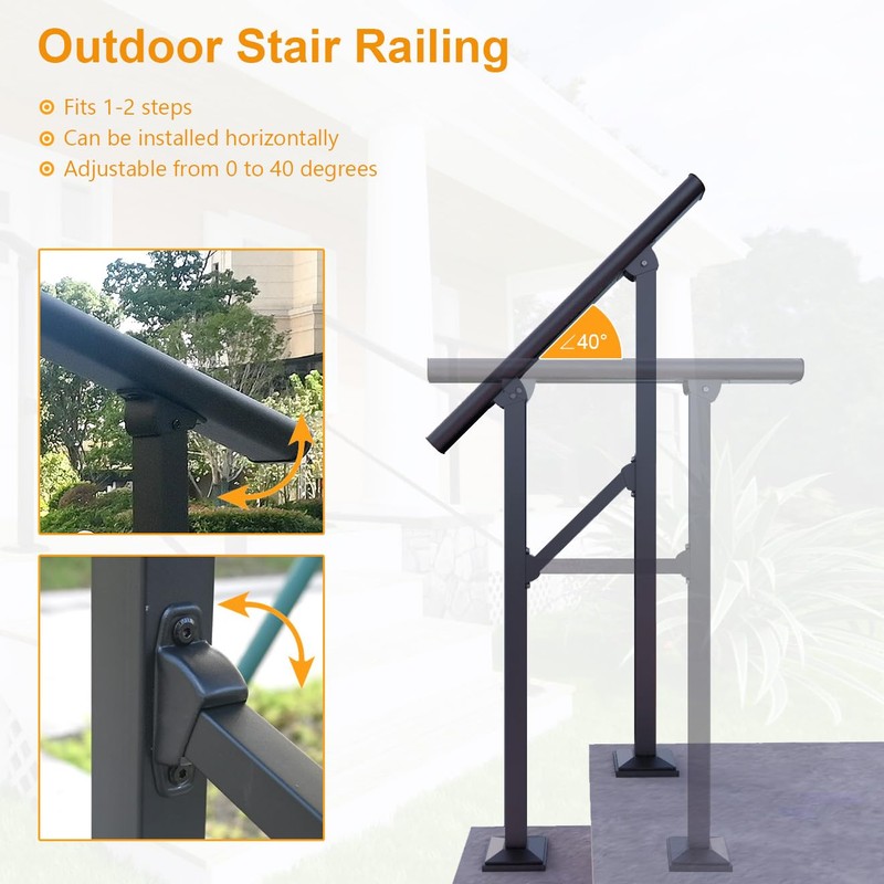 DIYHD 2 Step Handrail for Outdoor,Powder Coated Iron Stair Railing,Black
