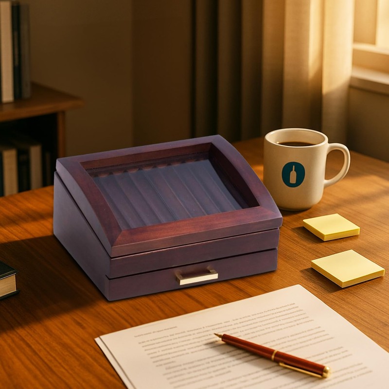 Bey-Berk Walnut Wood 19-Pen Display Box with Glass Top, Drawer,