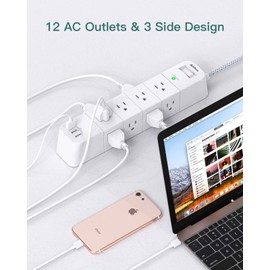 Power Strip Surge Protector - Addtam 12 Outlets(3-Side) and 3 USB Ports 5 Ft Long Extension Cord, Flat Plug Overload Surge Protection Outlet Strip, Wall Mount for Home, Office and More