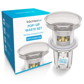 Bächlein Universal Drain Set with Overflow (Brushed Stainless Steel) - Brass Drain Valve Drain Set - Installation with Instructions