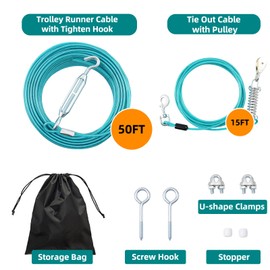 LUFFWELL 50FT Dog Runner for Yard with 15FT Tie Out Cable - Heavy Duty Trolley System for Large Dogs Up to 250LBS, Backyard/Park/Camping Use (Ice Blue, 50FT+15FT)