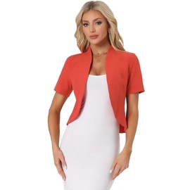 Allegra K Casual Business Cropped Blazer for Women's Short Sleeve Collarless Open Front Cardigan Work Jacket Shrug X-Small Red