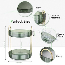 UrbAmerican 360° Rotating Makeup Organizer for Vanity, Large Capacity Bathroom Countertop Skincare Organizer, Spinning Perfume Cosmetics Organizer for Dresser Countertop, 2 Tier Green