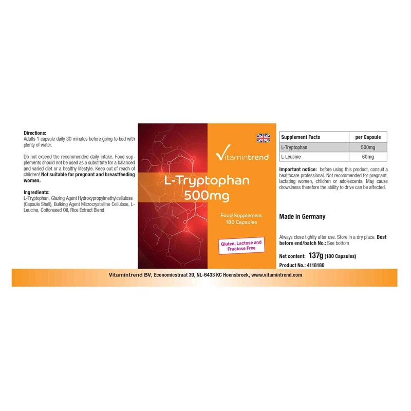 L-Tryptophan 500 mg - 180 Capsules - Vegan - Bulk