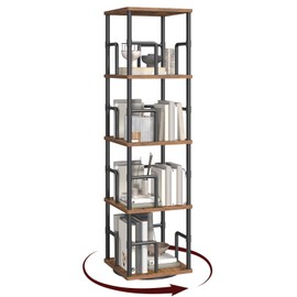 MAHANCRIS 4-Tier Rotating Bookshelf, Freestanding Corner Bookshelf, 360° Spinning Bookcase, Industrial Style Storage Rack with Rails, for Living Room, Bedroom, Study, Rustic Brown and Black BKHR1501