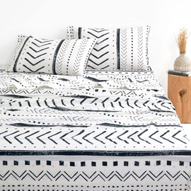 Wake In Cloud - Aztec Bed Sheets, 100% Cotton, 4-Piece Sheet Set, Geometric Western Modern Pattern Neutral Aesthetic Bedding, Deep Pocket, Black White, Full Size