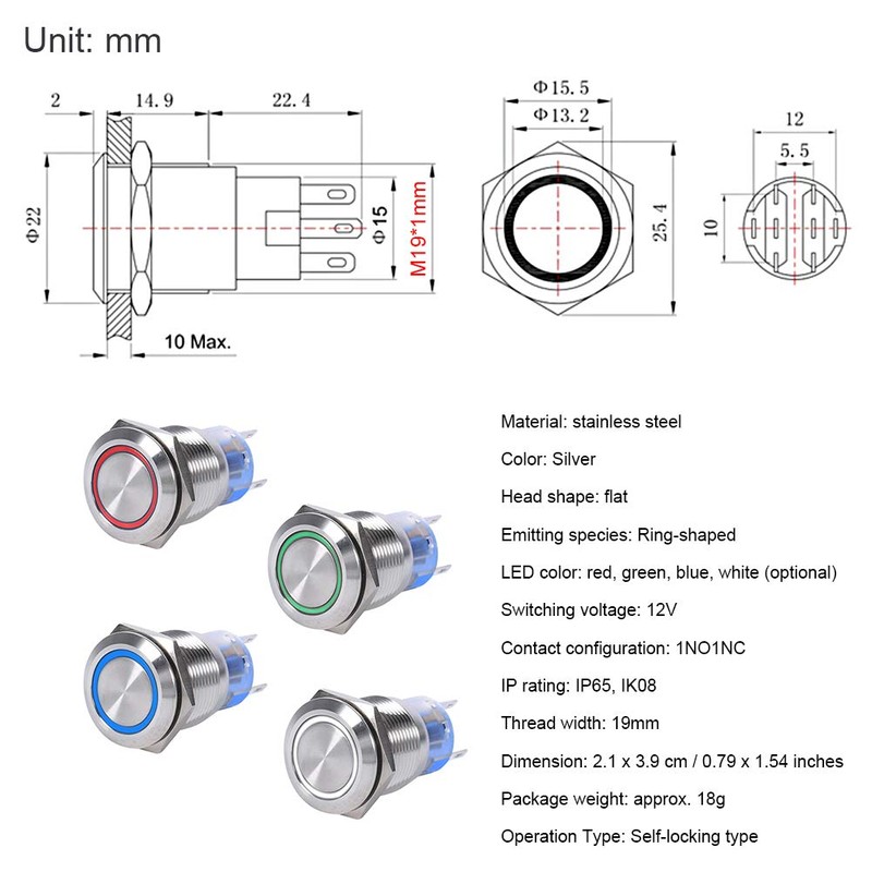12V LED Self-locking Latching Push Button Switch, 19mm Waterproof Stainless