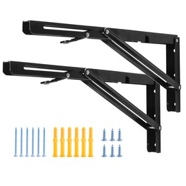 YUMORE Folding Shelf Brackets, 16 Inch Heavy Duty Collapsible Shelf Bracket, Black DIY L Bracket for Workbench Folding Table Hinge, Max Load: 330lb, Pack of 2