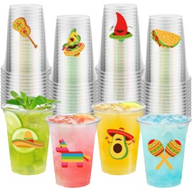 50 Pcs Mexican Fiesta Plastic Cups 16 oz Mexican Party Cups Cinco De Mayo Disposable Cup Clear Drinking Cup Bulk for Taco Birthday Hispanic Heritage Month Party Supplies
