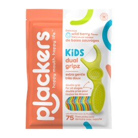 Plackers Kids Dual Gripz Floss Picks with Double Grip handle, Wild Berry Flavor, Colorful Floss Picks for Kids of All Ages, 75 Count (Pack of 1)