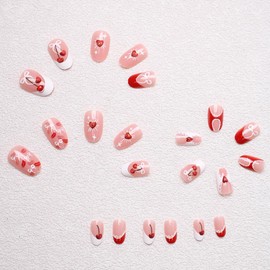 Pink Press on Nails Short Almond Fake Nails Cute Nails Press ons with Bow,Cherry,Heart Print Design,24Pcs with Nail Sticky Tabs & Reusable & Easy Apply, Full Cover Stick on Nails for Women Manicure