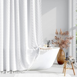 Dynamene Boho Farmhouse Shower Curtain, White Fabric Tufted Chevron Striped Textured Tassel Shower Curtains for Bathroom, Water Repellent, Minimalist Ruffled Cloth Shower Curtain Set with Hook, 72x70