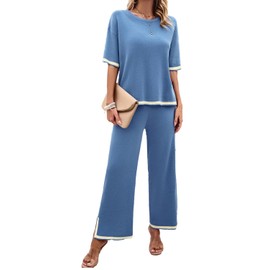 Aokivvy Womens 2 Piece Outfits Summer Sweater Sets Short Sleeve Knit Pullover Tops Wide Leg Pants Lounge Sets Tracksuits (Blue, S)
