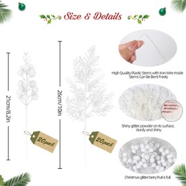 RECUTMS 40 Pcs Christmas Glitter Artificial Pine Needles and Christmas Glitter Berry Stems Christmas Floral Picks Branches Greenery Pine for DIY Christmas Garlands Tree Wreath Vase Decoration(White)