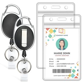 2 Pack ID Badge Holder with Retractable Badge Reel Clear Vertical ID Card Holder with Heavy Duty Carabiner Badge Reel with 24 Inches Pull Cord