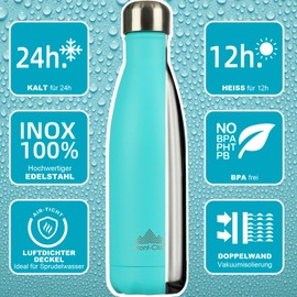 Mont-Clair Stainless Steel Drinking Bottle, Thermos Flask, BPA-Free, Water Bottle, Stainless Steel Drinking Bottle 500 ml, 24 Hours Cold, 12 Hours Warm, Leak-Proof, Thermos Drinking Bottle, Light Blue