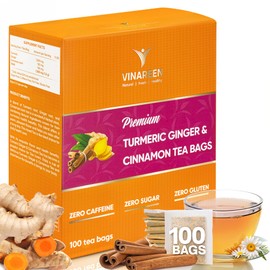 VINAREEN 100 Premium Tea Bags, Special Blend of Turmeric Ginger Cinnamon Herbal Tea, Te De Jengibre Y Curcuma Canela, Caffeine Free, Gluten Free, Sugar Free, Vegan.