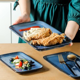 KOOV Ceramic Rectangular Serving Tray, 14/12/10 Inch Large Serving Platter, Porcelain Serving Plates with 3 Sizes, Ceramic Serving Dishes for Party, Food, Appetizers and Dinner, Set of 3, Blue