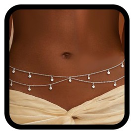 DOINEUFL Silver Belly Chain, Silver-plated Waist Chain with Shiny Rhinestone Waist Beads, Adjustable ＆ Waterproof, Chain Belt Suitable for Outdoor, Party, Beach (Silver)