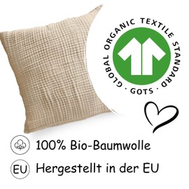 PinkZebra Organic Muslin Double Gauze Pillowcase 80 x 80 cm for Children & Adults, ÖkoTex Certified, Soft Pillowcase GOTS Certification, Cushion Cover, Light Beige