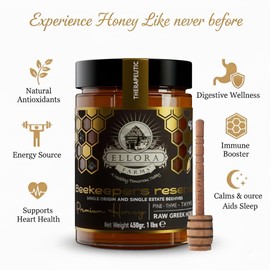 Ellora Farms Single Estate PDO Raw Greek Honey, Pine & Thyme Raw Honey Unfiltered, Beautiful Gift Pack with Dipper, Beekeepers Reserve, Pure Raw & Unfiltered Cold-Pressed, Gluten Free - 450 g
