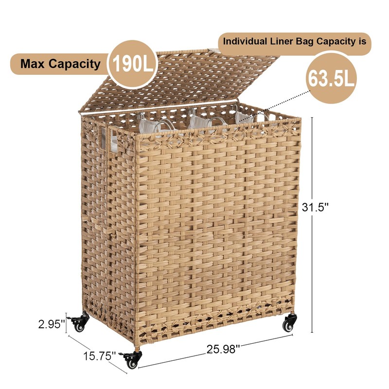 Laundry Hamper with Wheels&Lid, 50.2 Gallons(190L) Rolling Laundry Basket with