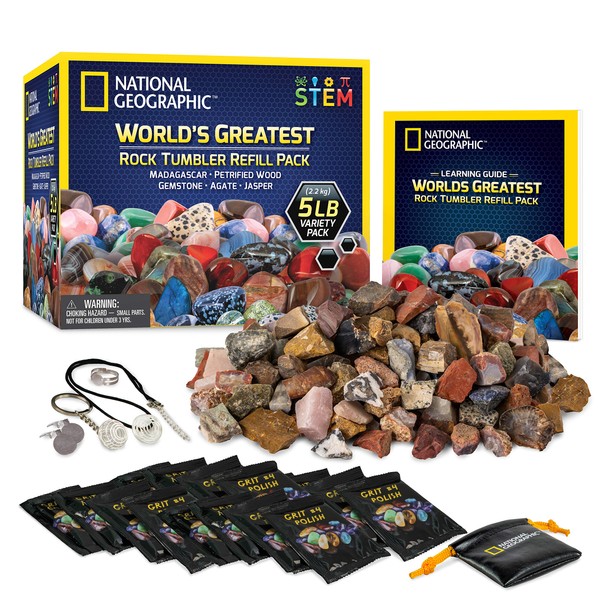 NATIONAL GEOGRAPHIC Rock Tumbler Refill – 5 Pound Mix of Rocks and Gemstones for Rock Tumblers, Includes Agate, Jasper, Petrified Wood, Gemstone, and More, 5 Jewelry Settings and Polishing Grit