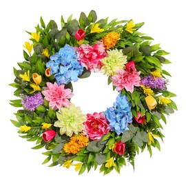 18 Inch Spring Wreaths for Front Door with Dahlias, Hydrangeas, Peonies, Eucalyptus - Artificial Spring Summer Front Door Wreath for Farmhouse, Porch, Window, Wedding, Indoor Outdoor Home Decor