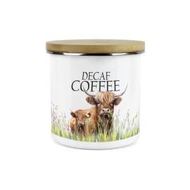 Purely Home Highland Cow & Calf Kitchen Decaf Coffee Storage Canister - Countryside Farm Metal Enamel Food Storage Container