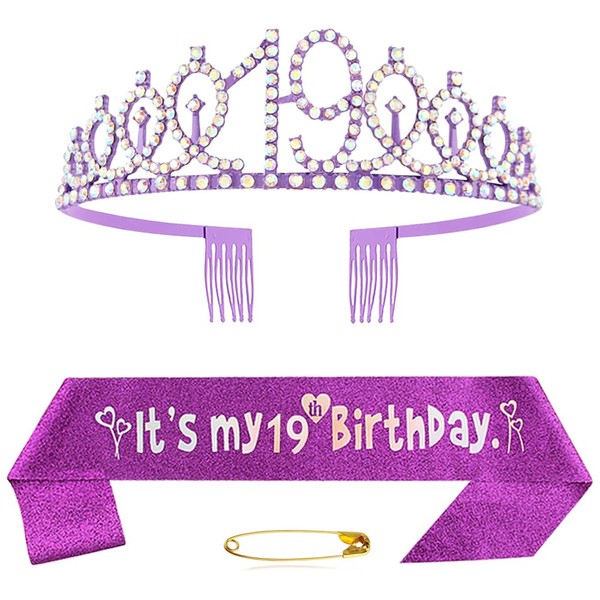 19th Birthday Sash Tiara and Crowns for Girls, Birthday Queen