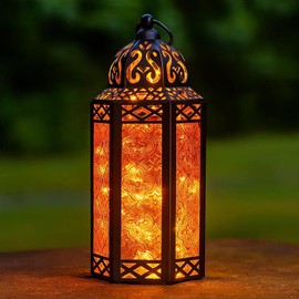 Vela Lanterns Portavelas de Metal marroquí Decorativo con Luces LED para Interior del hogar, centros de Mesa de Halloween, Patio o Porche al Aire Libre, Bodas, ámbar, Mediano