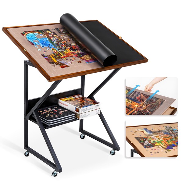 Lavievert Jigsaw Puzzle Table with Cover and Angle & Height Adjustment, Detachable Double-Sided Puzzle Board with Auxiliary Line, Tilting Table with Storage Shelf & 4 Casters for Up to 1500 Pieces