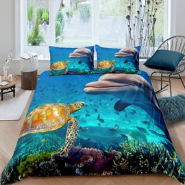 Feelyou Dolphin Comforter Cover Kids Cute Sea Turtle Creatures Bedding Set Ocean Marine Themed Duvet Cover for Children Boys Girls Hawaiian Underwater Animal Bedspread Cover Room Decor Queen Size