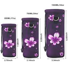 RICHEN Neoprene Water Bottle Carrier Bag with Adjustable Shoulder Strap,Insulated Water Bottle Cover for 500ml/16oz Stainless Steel/Glass/Plastic Bottles (Purple Flowers,500ML)