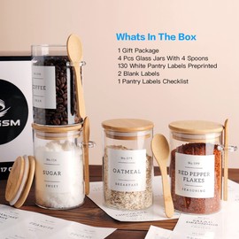 CZZGSM Glass Jar with Bamboo Lid and Spoon - 4 Pcs 17 oz Sugar Container with 132 Food Pantry Labels - Glass Containers with Wooden Lids Hold Coffee, Tea, Candy