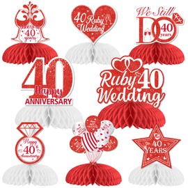 8Pcs Ruby Wedding Anniversary Table Decorations, Honeycomb Centerpieces Table Toppers Cheers to 40th Wedding Anniversary Honeycomb Table Topper for Anniversary Decorations Romantic