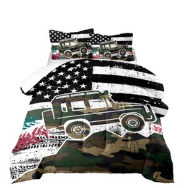 BBchose 3D Camouflage American Flag Bedding Set for Kids,Green Military Jeep Ultra Soft All Seasons Comforter Set American Elements Theme Bed Set 1 Comforter 2 Pillowcases (Green, Queen)