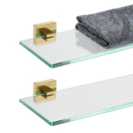 JQK Bathroom Glass Shelf, Floating Tempered Glass Shower Storage 20 by 5 inches, 304 Stainless Steel Brushed Gold Wall Mount 2 Pack 2 Pack, TGS201L20-BG-P2