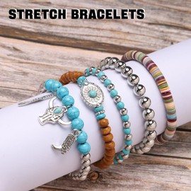 MILAKOO 5Pcs Heishi Stretch Bracelet Western Cowboy Jewelry Bohemian Turquoise Stone Beaded Bracelets for Women