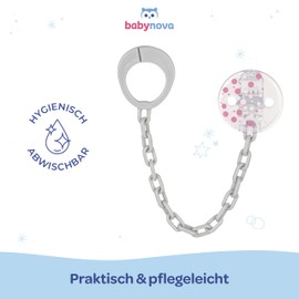 babynova Dummy Chain with Clip, Set of 2, Dummy Holder Compatible with Dummies with Ring, Pram Accessories, BPA-Free, Pink Dots
