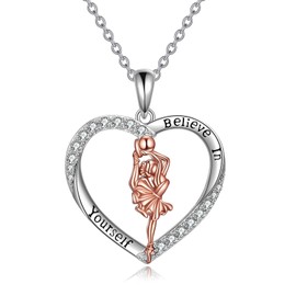 YAFEINI Gymnastics Gift for Girls Ballerina Gifts Necklace 925 Sterling Silver Gymnastics Necklace Jewellery Ballerina Gymnastics for Women Gifts, Sterling Silver, Cubic Zirconia