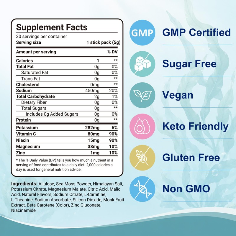 Sea Moss Electrolytes Powder Packets, Zero Sugar Hydration Drink Mix