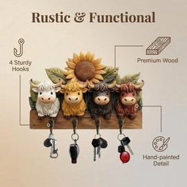 Copbopwn Highland Cow Key Holder for Wall 2D Rustic Wooden Key Rack with 4 Hooks Highland Cow Ornaments 25x19cm Farmhouse Wall Mounted Key Hanger for Entryway Hallway Home & Office Organization (SETB)