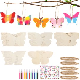 guobinZH Pack of 50 Craft Sets for Children, DIY Blank Butterfly Wooden Pendants for Painting, Children's Painting Craft Set with Watercolour Pen, Gemstone Stickers for Girls, Crafts, Children's