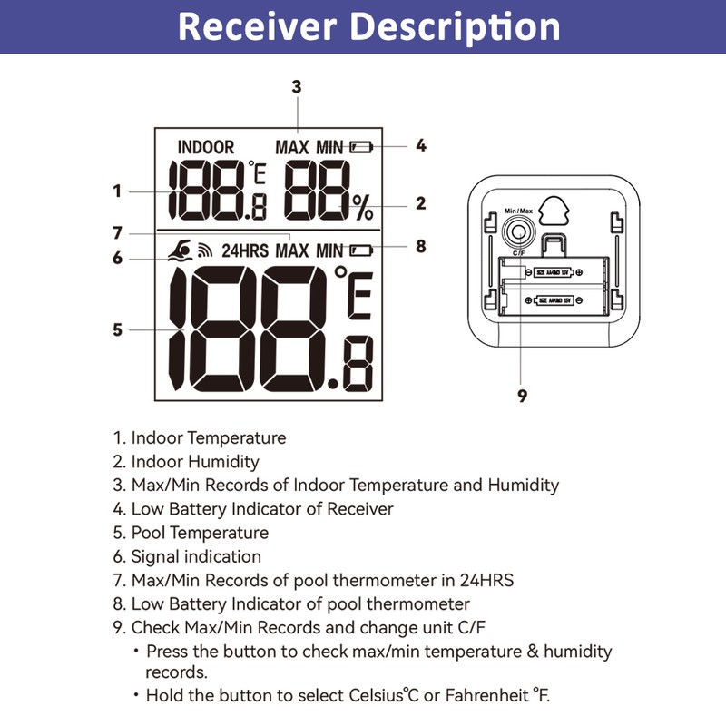 Pool Thermometer Wireless LCD Screen 360 Degree Visibility Pool Thermometer