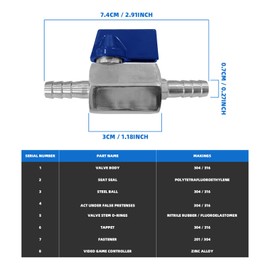5/16" Hose Barb Mini Ball Valve, 304 Stainless Steel Shut Off Valve with Clamps for Water Gas Fuel Drip Irrigation and Aquariums